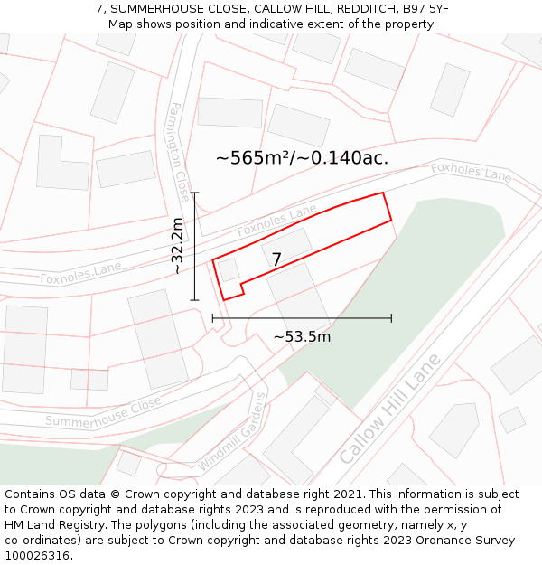 7, SUMMERHOUSE CLOSE, CALLOW HILL, REDDITCH, B97 5YF: Plot and title map