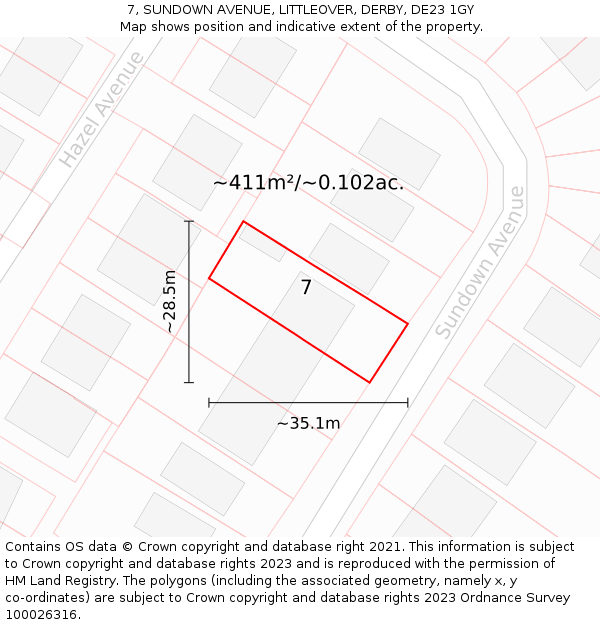 7, SUNDOWN AVENUE, LITTLEOVER, DERBY, DE23 1GY: Plot and title map