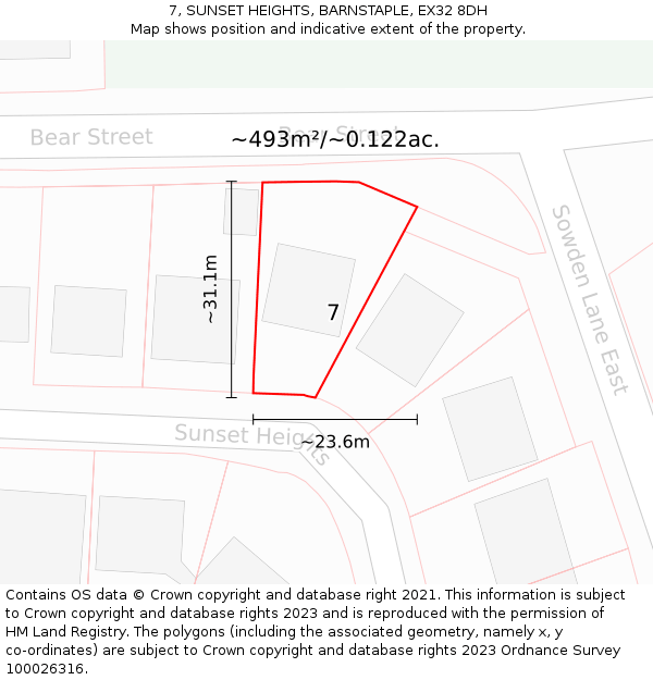 7, SUNSET HEIGHTS, BARNSTAPLE, EX32 8DH: Plot and title map