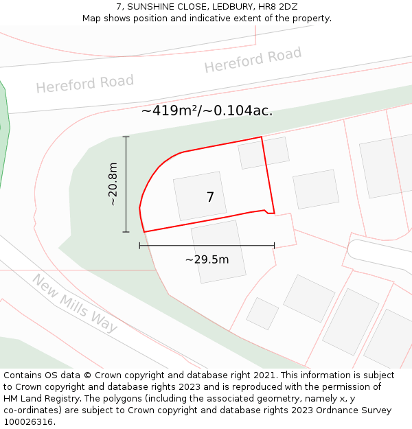 7, SUNSHINE CLOSE, LEDBURY, HR8 2DZ: Plot and title map
