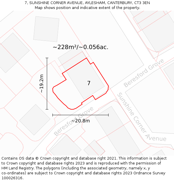 7, SUNSHINE CORNER AVENUE, AYLESHAM, CANTERBURY, CT3 3EN: Plot and title map