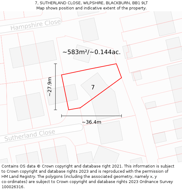 7, SUTHERLAND CLOSE, WILPSHIRE, BLACKBURN, BB1 9LT: Plot and title map