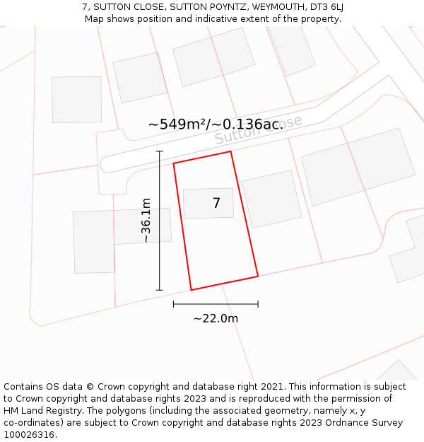 7, SUTTON CLOSE, SUTTON POYNTZ, WEYMOUTH, DT3 6LJ: Plot and title map