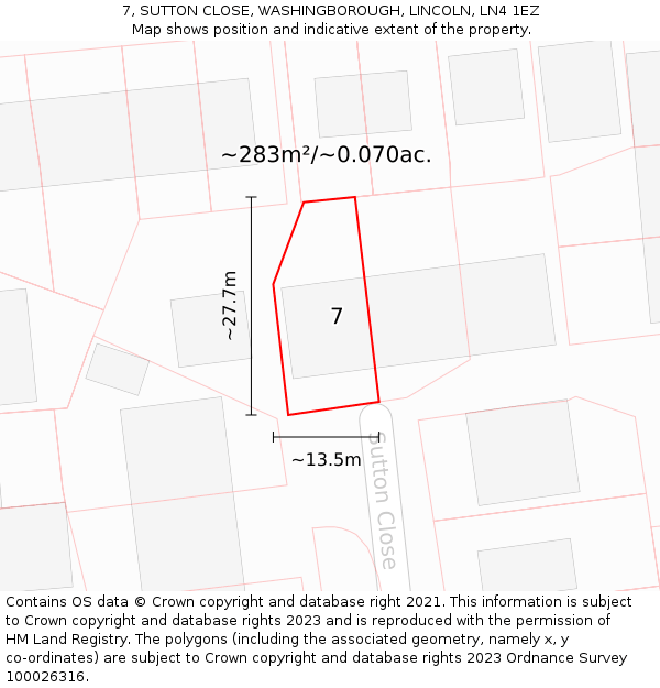 7, SUTTON CLOSE, WASHINGBOROUGH, LINCOLN, LN4 1EZ: Plot and title map