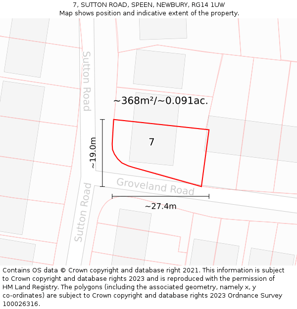 7, SUTTON ROAD, SPEEN, NEWBURY, RG14 1UW: Plot and title map