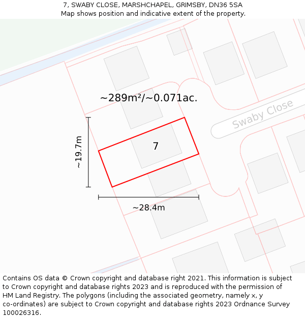 7, SWABY CLOSE, MARSHCHAPEL, GRIMSBY, DN36 5SA: Plot and title map