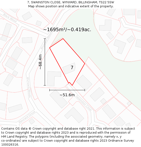7, SWAINSTON CLOSE, WYNYARD, BILLINGHAM, TS22 5SW: Plot and title map