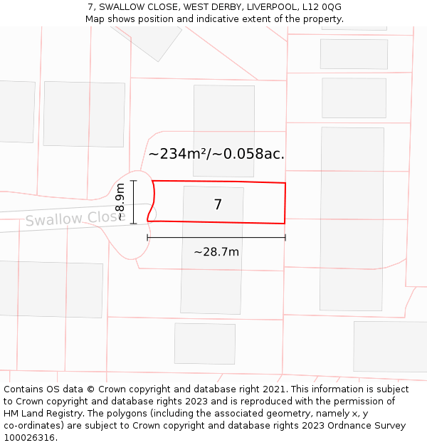7, SWALLOW CLOSE, WEST DERBY, LIVERPOOL, L12 0QG: Plot and title map