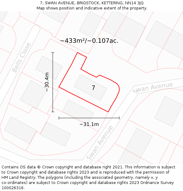 7, SWAN AVENUE, BRIGSTOCK, KETTERING, NN14 3JQ: Plot and title map