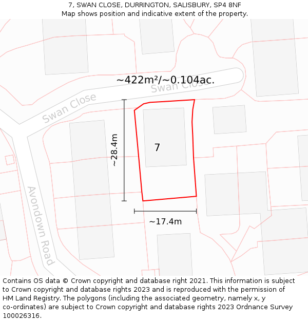 7, SWAN CLOSE, DURRINGTON, SALISBURY, SP4 8NF: Plot and title map
