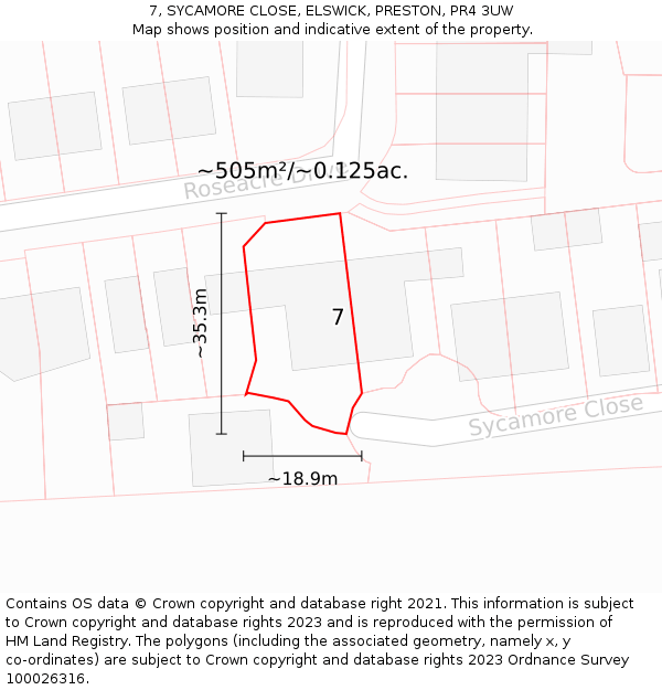 7, SYCAMORE CLOSE, ELSWICK, PRESTON, PR4 3UW: Plot and title map