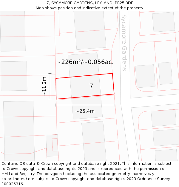 7, SYCAMORE GARDENS, LEYLAND, PR25 3DF: Plot and title map