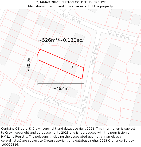 7, TAMAR DRIVE, SUTTON COLDFIELD, B76 1YT: Plot and title map