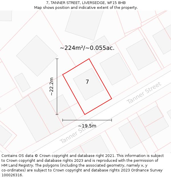 7, TANNER STREET, LIVERSEDGE, WF15 8HB: Plot and title map