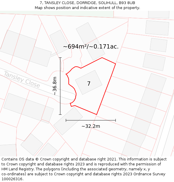 7, TANSLEY CLOSE, DORRIDGE, SOLIHULL, B93 8UB: Plot and title map