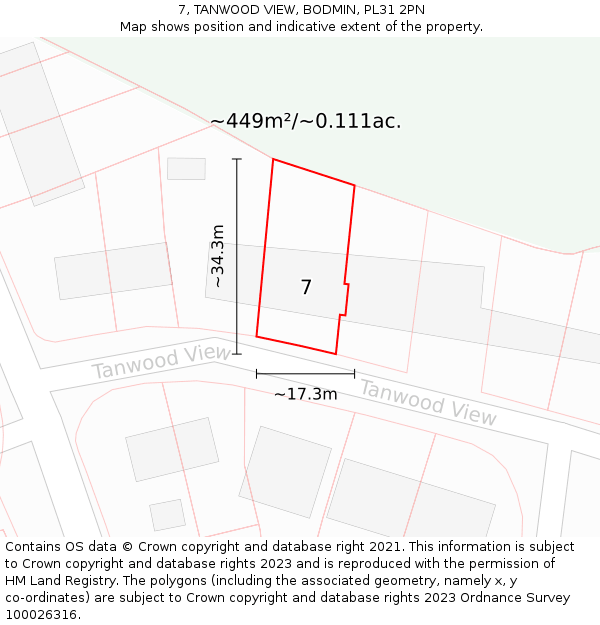 7, TANWOOD VIEW, BODMIN, PL31 2PN: Plot and title map
