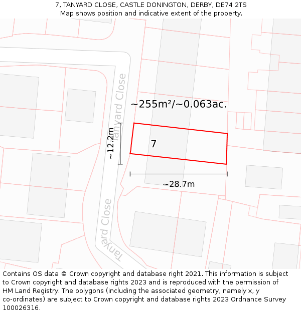 7, TANYARD CLOSE, CASTLE DONINGTON, DERBY, DE74 2TS: Plot and title map