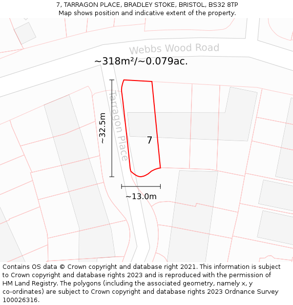 7, TARRAGON PLACE, BRADLEY STOKE, BRISTOL, BS32 8TP: Plot and title map