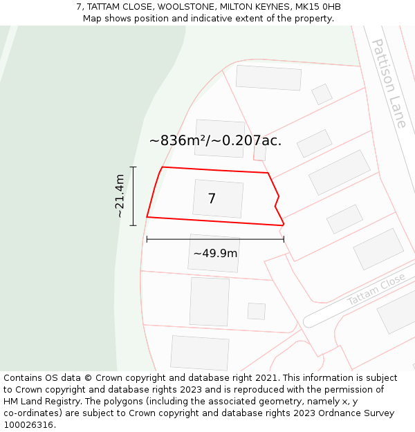 7, TATTAM CLOSE, WOOLSTONE, MILTON KEYNES, MK15 0HB: Plot and title map