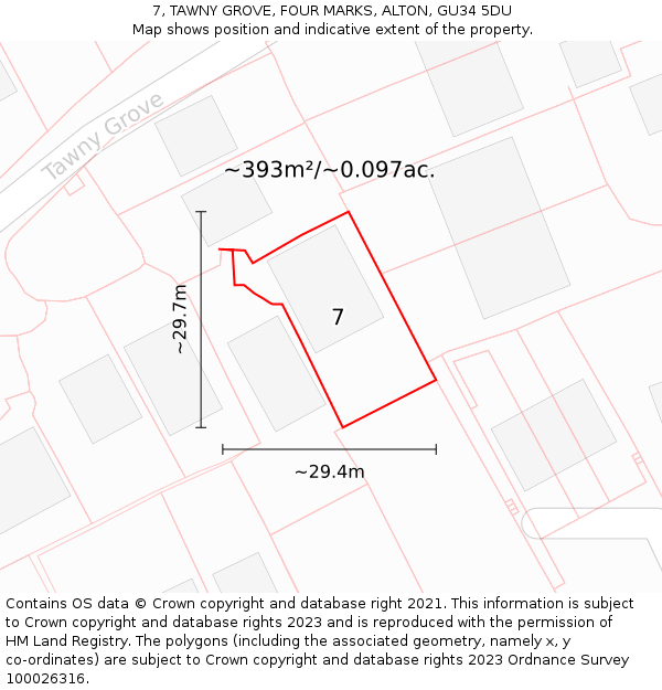 7, TAWNY GROVE, FOUR MARKS, ALTON, GU34 5DU: Plot and title map