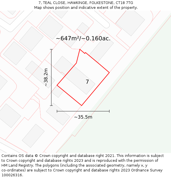 7, TEAL CLOSE, HAWKINGE, FOLKESTONE, CT18 7TG: Plot and title map
