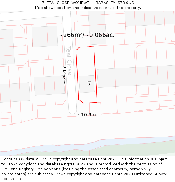7, TEAL CLOSE, WOMBWELL, BARNSLEY, S73 0US: Plot and title map