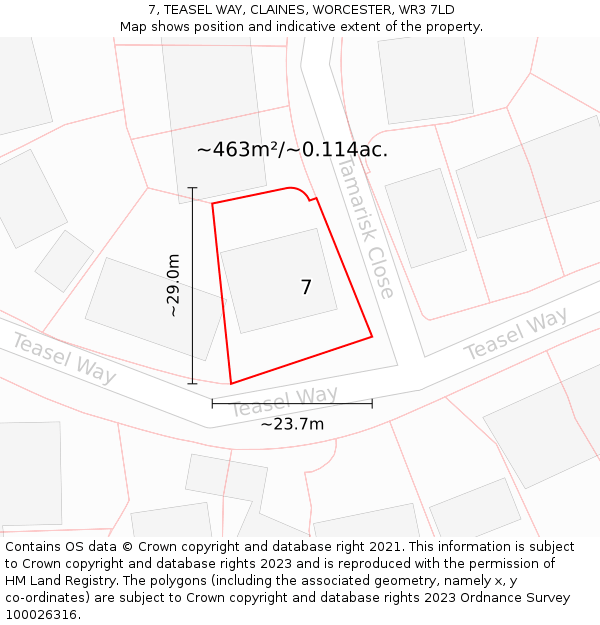 7, TEASEL WAY, CLAINES, WORCESTER, WR3 7LD: Plot and title map
