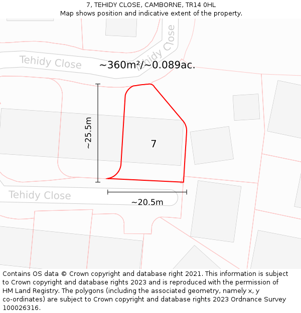 7, TEHIDY CLOSE, CAMBORNE, TR14 0HL: Plot and title map