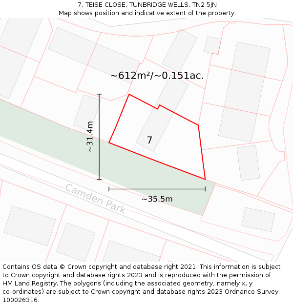 7, TEISE CLOSE, TUNBRIDGE WELLS, TN2 5JN: Plot and title map