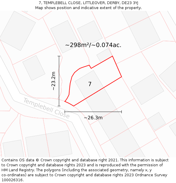 7, TEMPLEBELL CLOSE, LITTLEOVER, DERBY, DE23 3YJ: Plot and title map