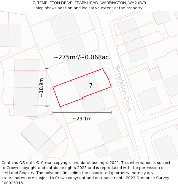 7, TEMPLETON DRIVE, FEARNHEAD, WARRINGTON, WA2 0WR: Plot and title map