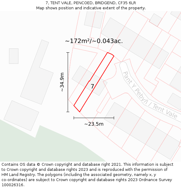 7, TENT VALE, PENCOED, BRIDGEND, CF35 6LR: Plot and title map