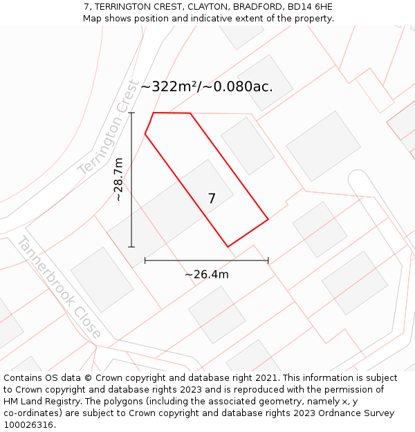 7, TERRINGTON CREST, CLAYTON, BRADFORD, BD14 6HE: Plot and title map