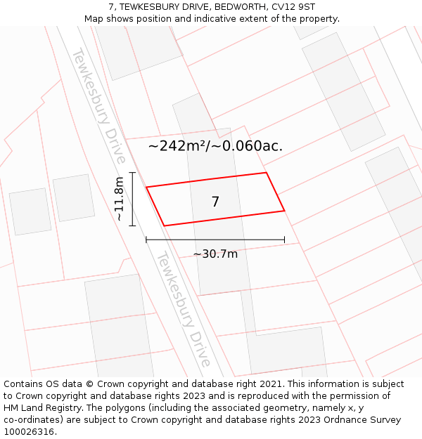 7, TEWKESBURY DRIVE, BEDWORTH, CV12 9ST: Plot and title map