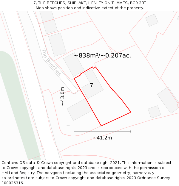 7, THE BEECHES, SHIPLAKE, HENLEY-ON-THAMES, RG9 3BT: Plot and title map