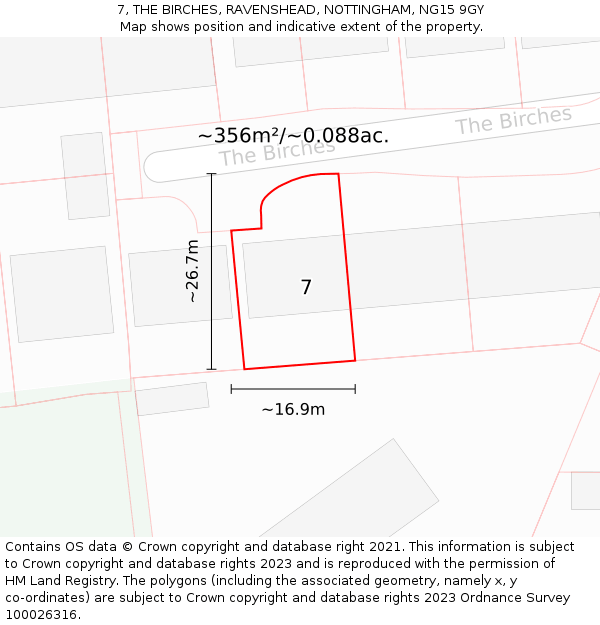 7, THE BIRCHES, RAVENSHEAD, NOTTINGHAM, NG15 9GY: Plot and title map