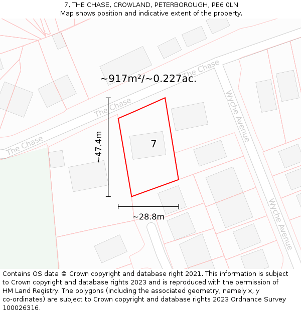 7, THE CHASE, CROWLAND, PETERBOROUGH, PE6 0LN: Plot and title map
