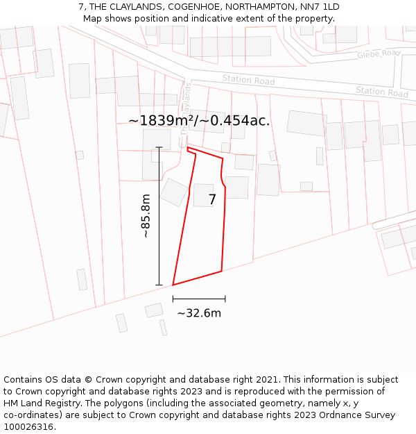 7, THE CLAYLANDS, COGENHOE, NORTHAMPTON, NN7 1LD: Plot and title map