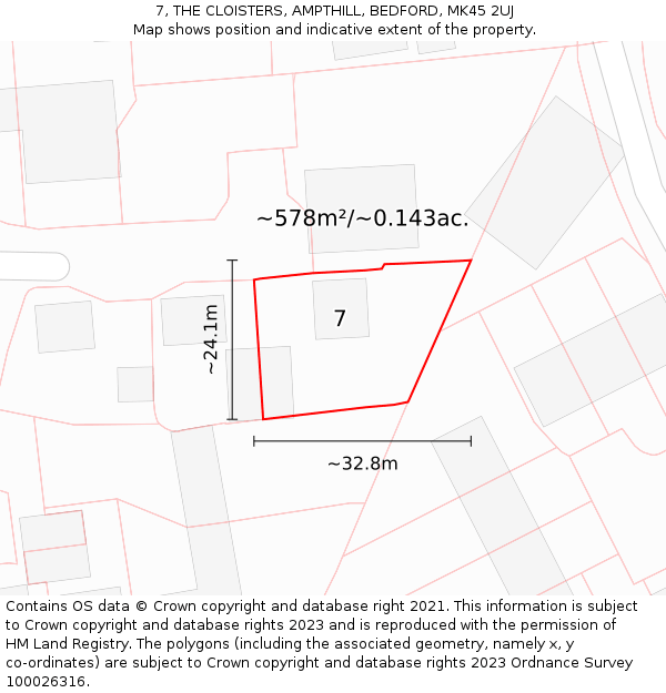 7, THE CLOISTERS, AMPTHILL, BEDFORD, MK45 2UJ: Plot and title map