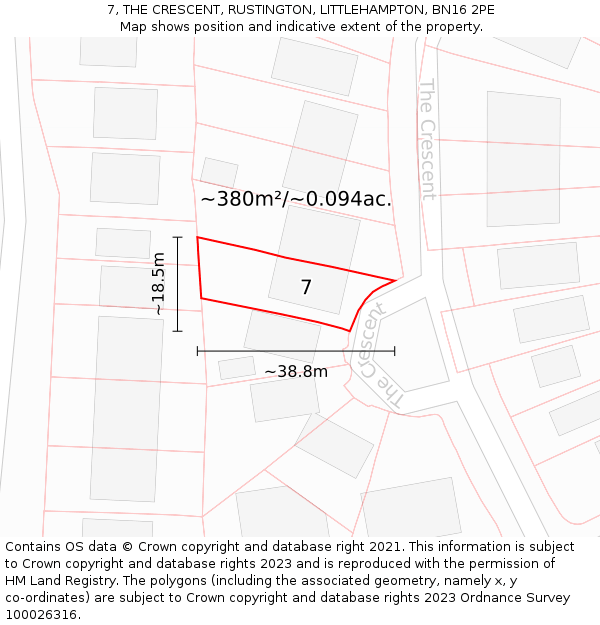 7, THE CRESCENT, RUSTINGTON, LITTLEHAMPTON, BN16 2PE: Plot and title map