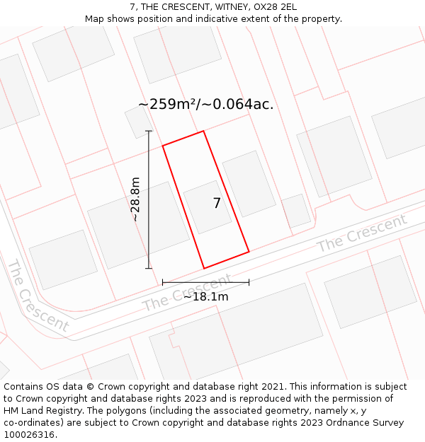 7, THE CRESCENT, WITNEY, OX28 2EL: Plot and title map