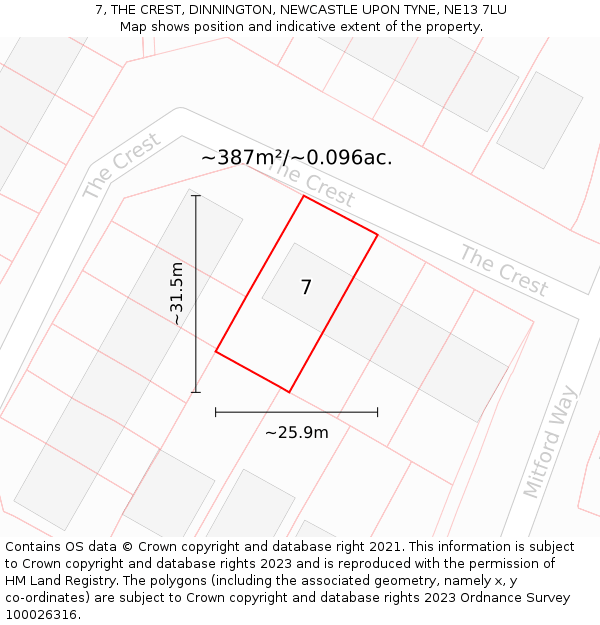 7, THE CREST, DINNINGTON, NEWCASTLE UPON TYNE, NE13 7LU: Plot and title map