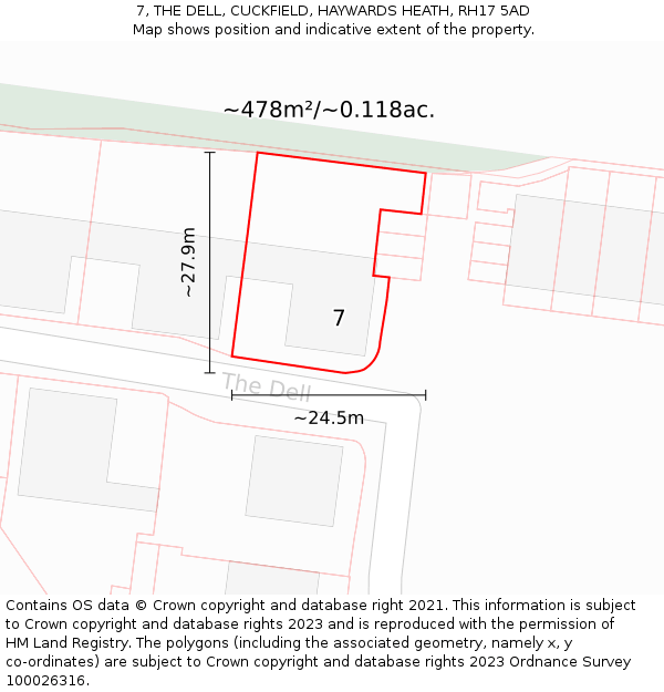 7, THE DELL, CUCKFIELD, HAYWARDS HEATH, RH17 5AD: Plot and title map