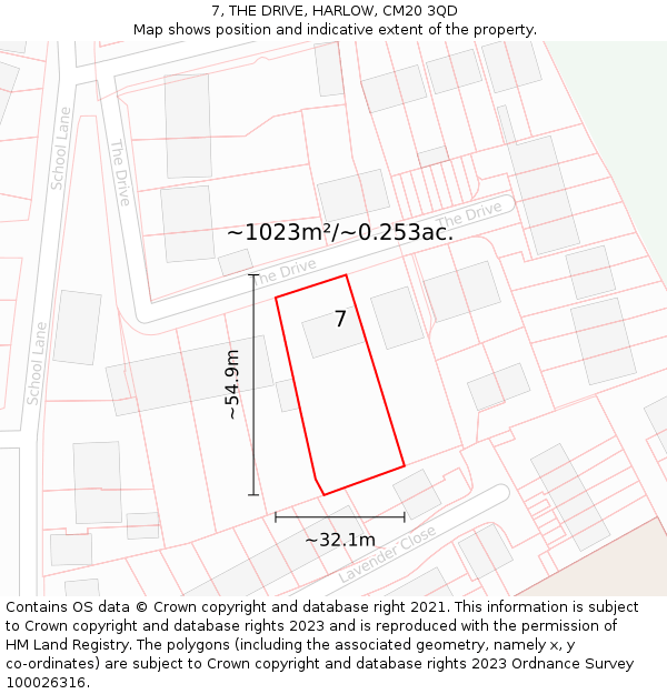 7, THE DRIVE, HARLOW, CM20 3QD: Plot and title map