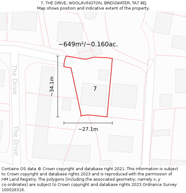 7, THE DRIVE, WOOLAVINGTON, BRIDGWATER, TA7 8EJ: Plot and title map
