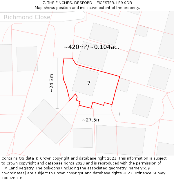 7, THE FINCHES, DESFORD, LEICESTER, LE9 9DB: Plot and title map