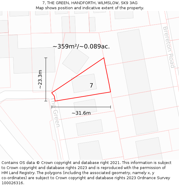 7, THE GREEN, HANDFORTH, WILMSLOW, SK9 3AG: Plot and title map