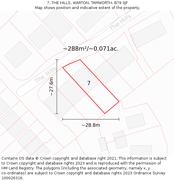 7, THE HILLS, WARTON, TAMWORTH, B79 0JF: Plot and title map