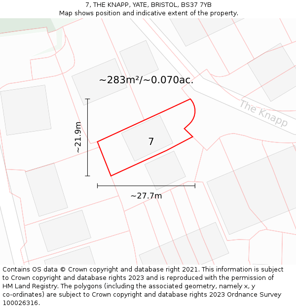 7, THE KNAPP, YATE, BRISTOL, BS37 7YB: Plot and title map