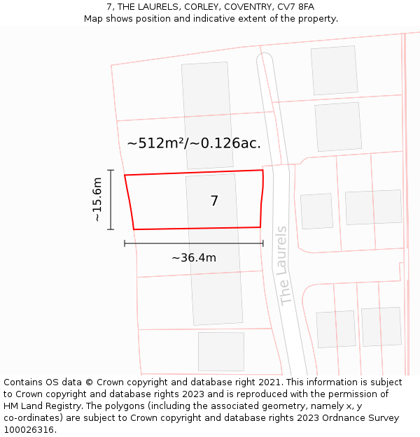 7, THE LAURELS, CORLEY, COVENTRY, CV7 8FA: Plot and title map